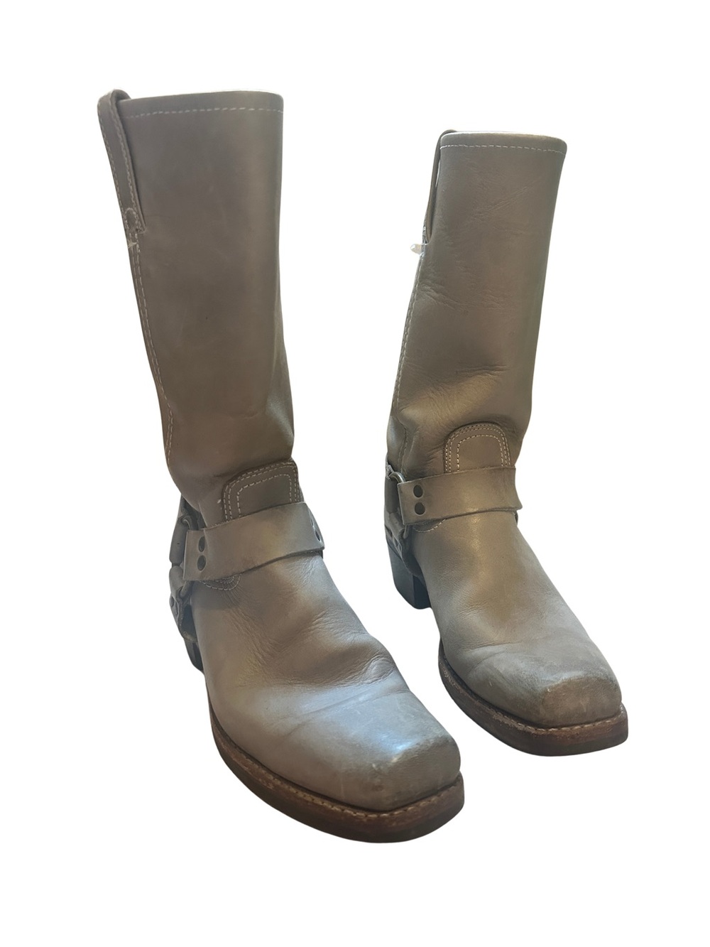 FRYE Women's Mid-calf Grey Leather Harness Heeled Boots